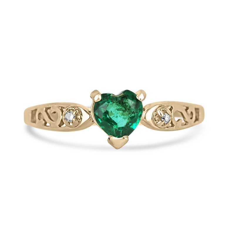 0.17-Carat Petite Round Heart Cut Emerald and Diamond Ring in 14K Gold - Exquisite Deep Green Gemstone
