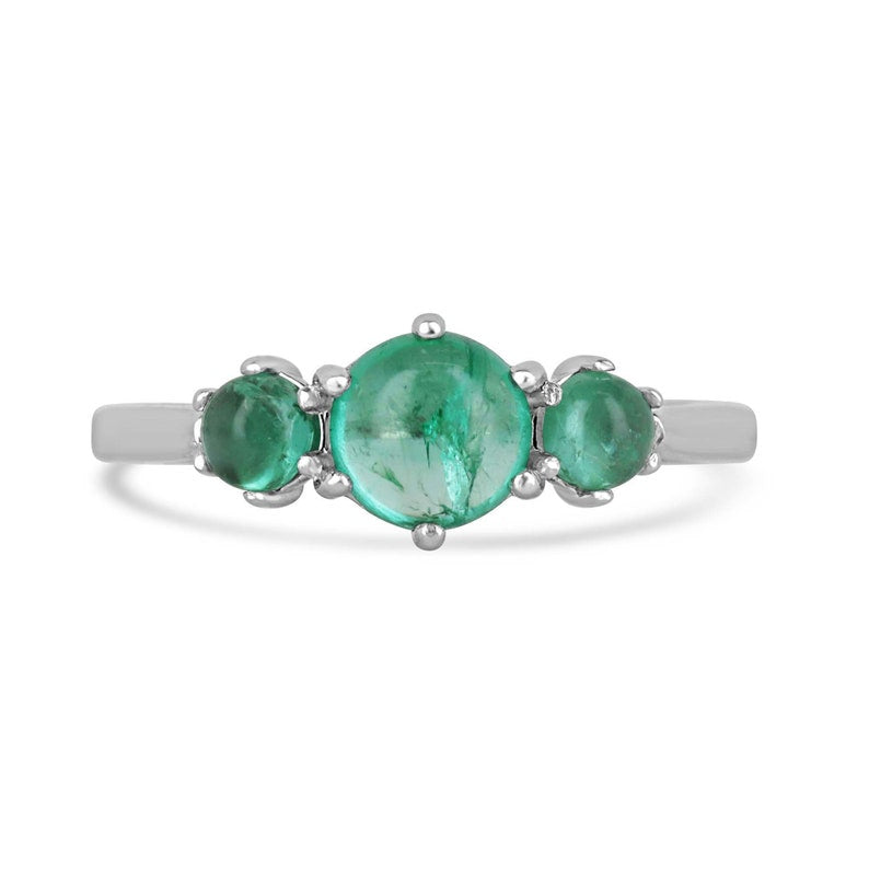 14K Gold Three-Stone Cabochon Emerald Ring with 30 Total Carat Weight