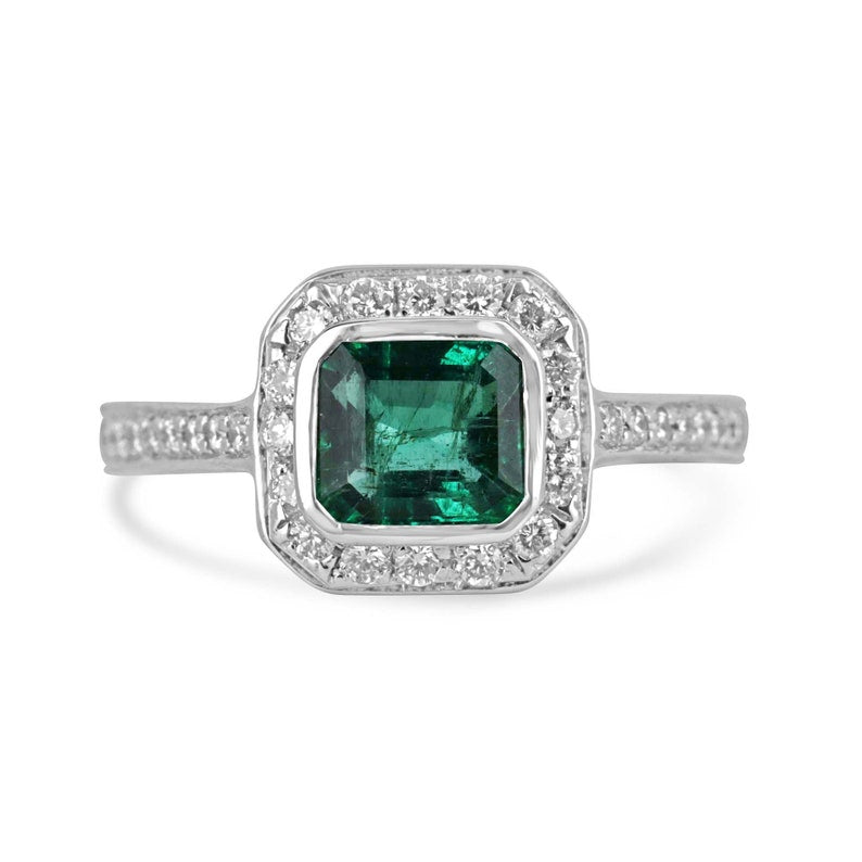 18K White Gold 750 Right Hand Engagement Ring with a 1.45 Carat Deep Green Emerald & Diamond Halo Setting