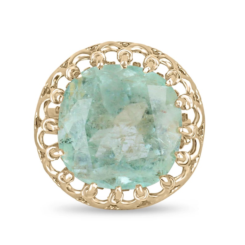 Vintage Style 14K Gold Ring with a Rare 16.75ct Cushion Cut Pale Green Emerald