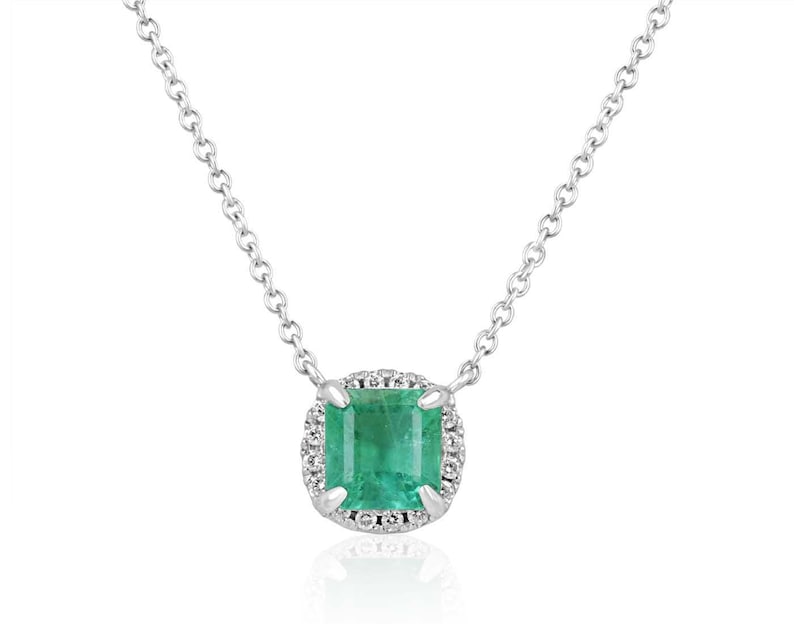 Necklace Featuring a 1.03tcw Asscher Cut Emerald & Diamond Halo in a Light to Medium Green Shade