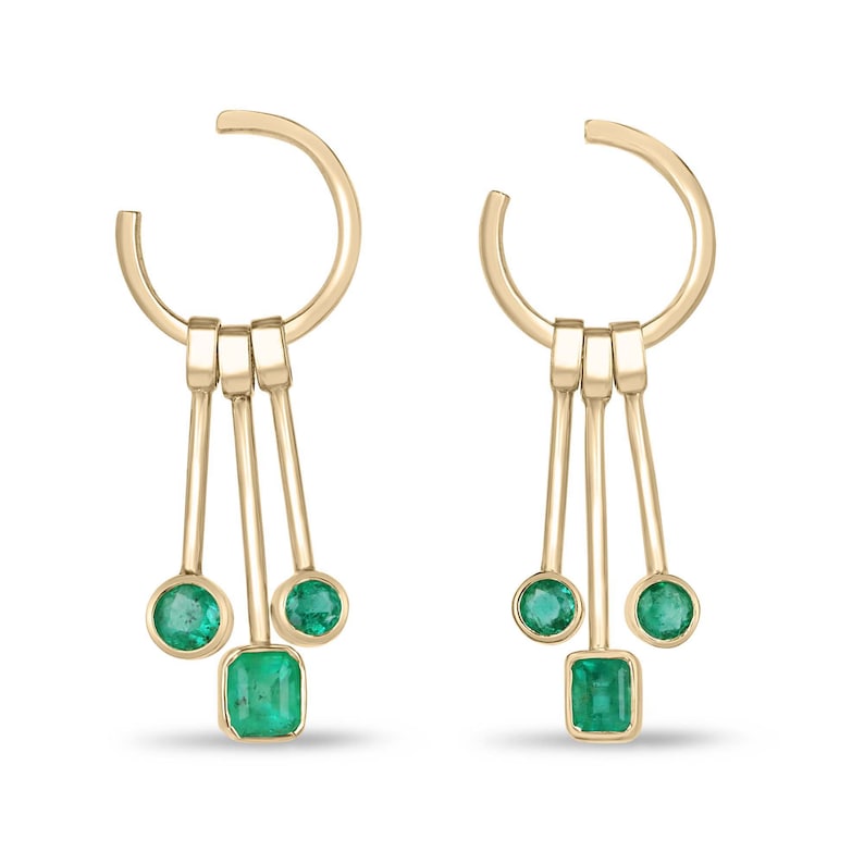 18K Yellow Gold Earrings with 1.24tcw Round & Asscher Cut Emeralds – Interchangeable Dangle Style