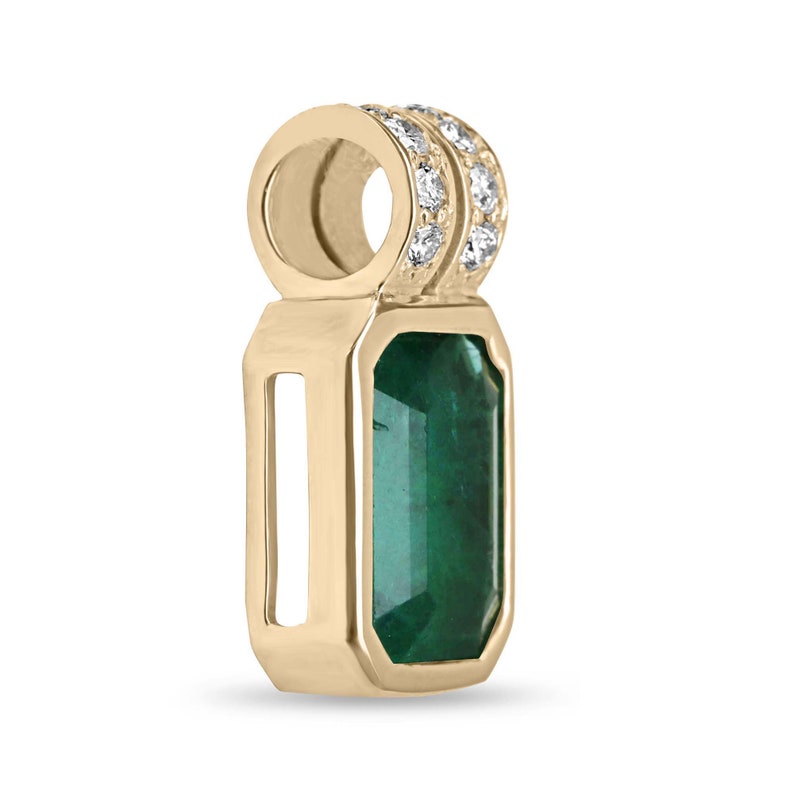 18K Gold Split Bale Pendant with a 4.69tcw Natural Dark Green Emerald Set in Bezel, Enhanced by Pave Diamonds