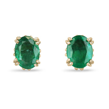 14K Gold Earrings with 3.43 Total Carat Weight in Elegant Oval Cut Green Gems and Floral Prong Studs