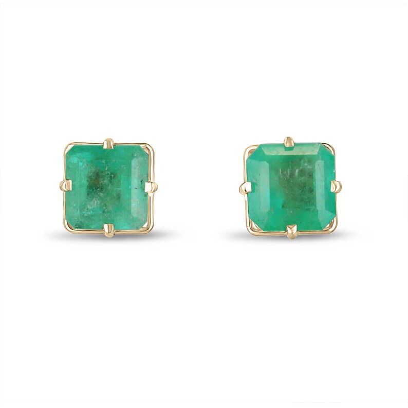 4 Prong 14K Gold Asscher Cut Stud Earrings with 3.99tcw Medium Green Emerald