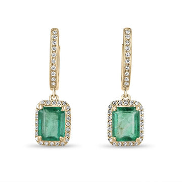 14K Gold Earrings with 2.63 Total Carat Weight Emerald and Diamond Halo Drops