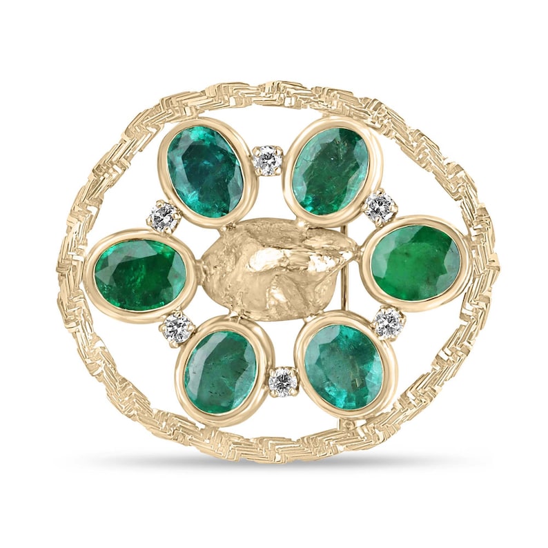 Exquisite 14K Gold Brooch Necklaces with 15.84tcw Natural Oval Emerald and Round Diamond Centerpiece in a Nugget Design