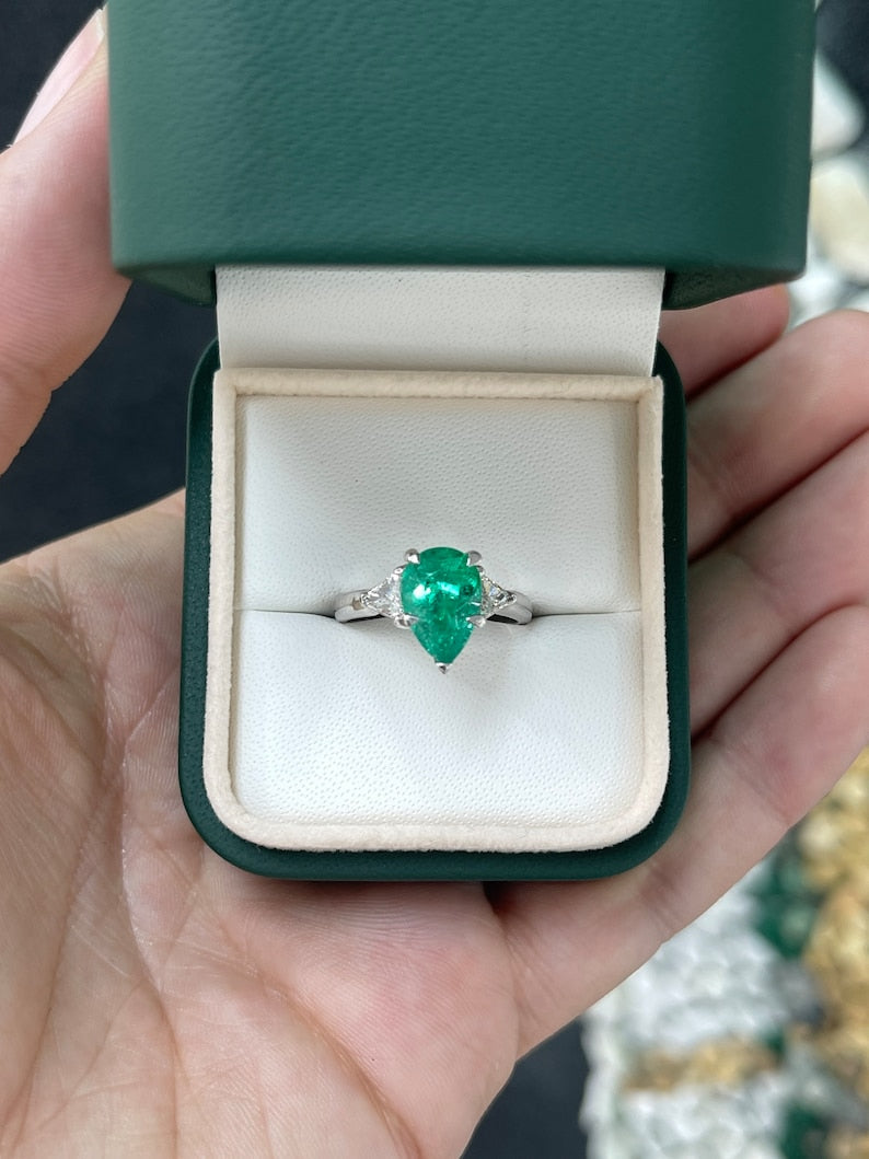 3.79tcw Plat Pear Emerald Cut Diamond 3 Stone 5 Prong Engagement Ring - JR Colombian Emeralds