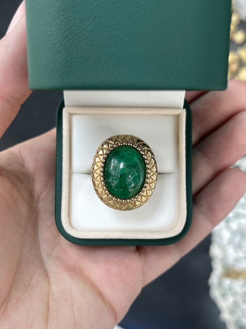 16.83ct 14K Oval Shaped Cabochon Cut Mystic Dark Green Emerald Solitaire Vintage Inspired Antique Ring - JR Colombian Emeralds