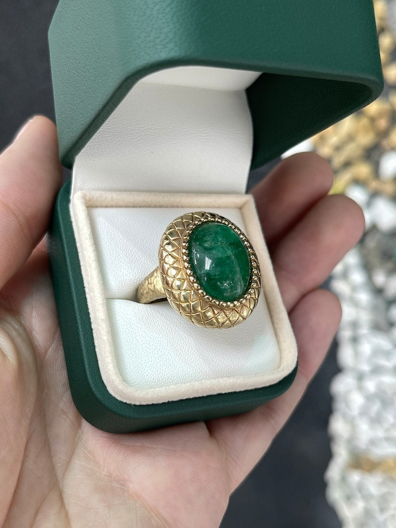 16.83ct 14K Oval Shaped Cabochon Cut Mystic Dark Green Emerald Solitaire Vintage Inspired Antique Ring - JR Colombian Emeralds