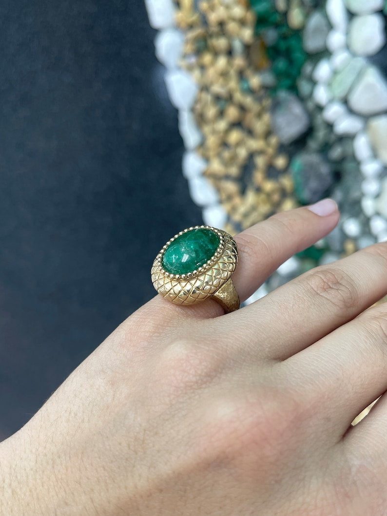 Antique-Inspired 14K Ring Showcasing a 16.83ct Cabochon Cut Mystic Dark Green Emerald