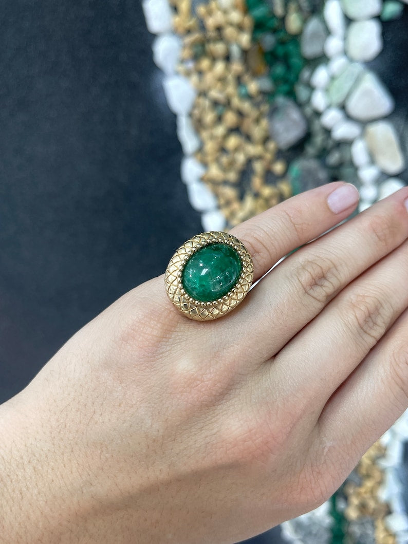Oval Mystic Dark Green Emerald Solitaire Ring in 14K Vintage Antique Style