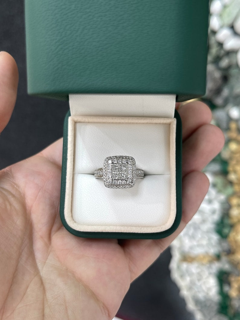 1.17tcw Natural Princess Cut & Brilliant Round Cluster Diamond Engagement Ring 14K - JR Colombian Emeralds