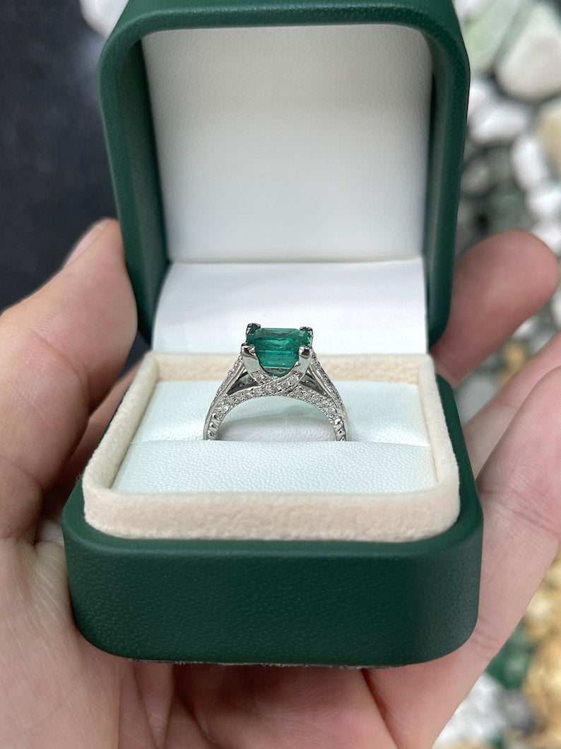 2.89tcw 14K White Gold 585 Rich Dark Alpine Green Emerald Cut & Diamond Accent Engagement Ring - JR Colombian Emeralds