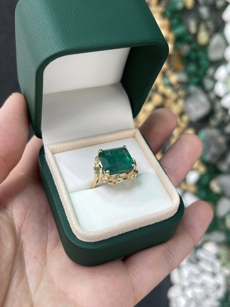 12.76ct 14K Gold Massive Emerald Cut Lush Dark Green Solitaire Floral 4 Prong Statement Ring - JR Colombian Emeralds