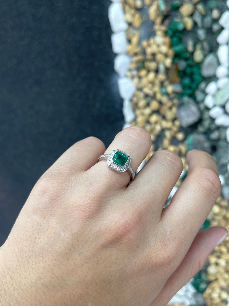 1.45tcw 18K Deep Intense Green Emerald & Diamond Halo Shank White Gold 750 Right Hand Engagement Ring