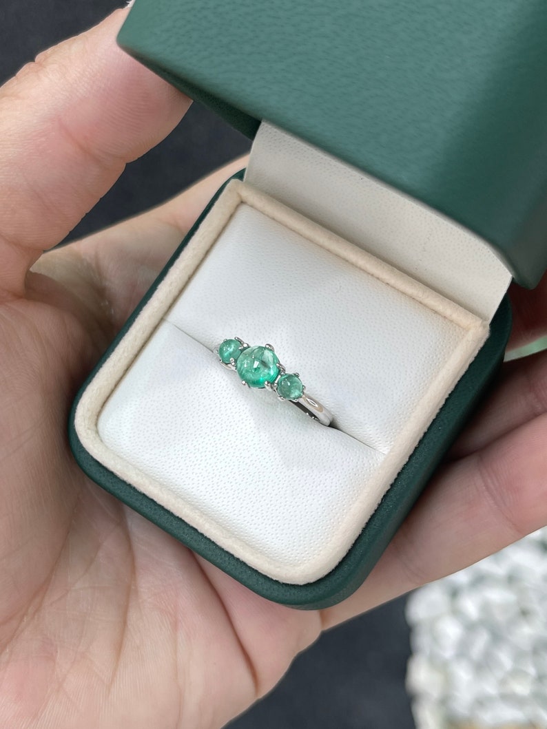 Round Cabochon Cut Emerald Trilogy Ring in 14K Gold Setting (30 TCW)