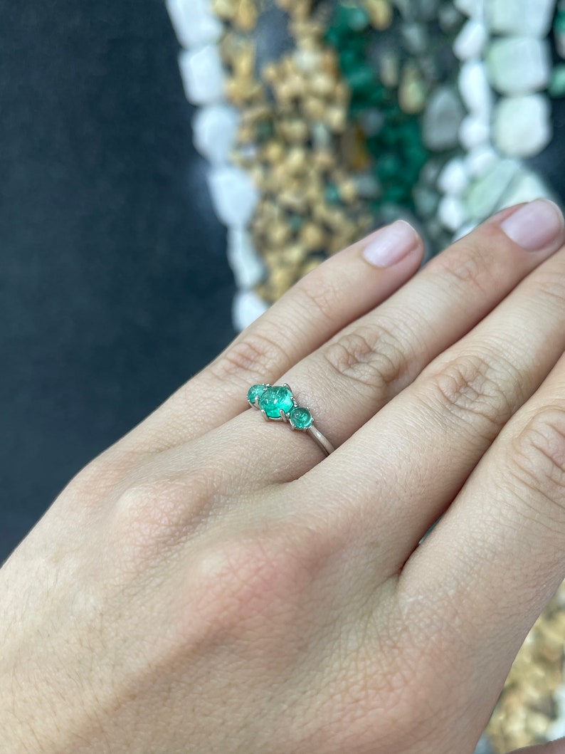 1.30tcw 14K Gold Round Cabochon Cut Emerald 6 Prong 3 Stone Trilogy Statement Ring - JR Colombian Emeralds