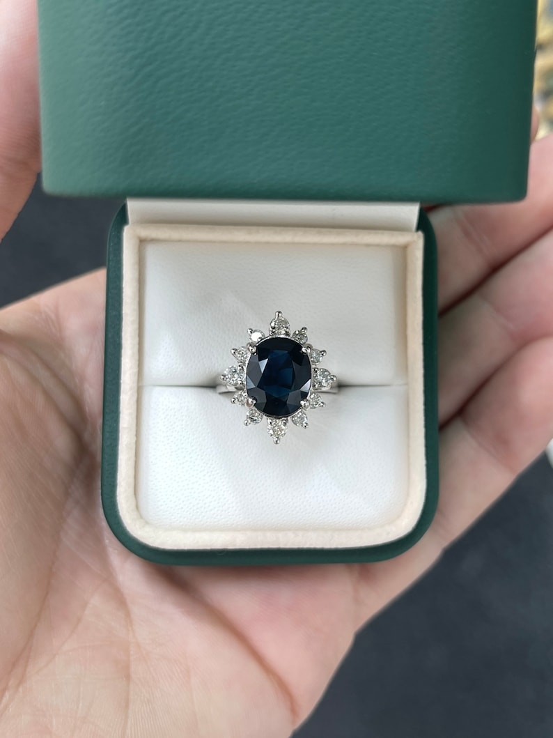 Natural Dark Blue Sapphire Halo Ring, 4.11tcw, 18K White Gold