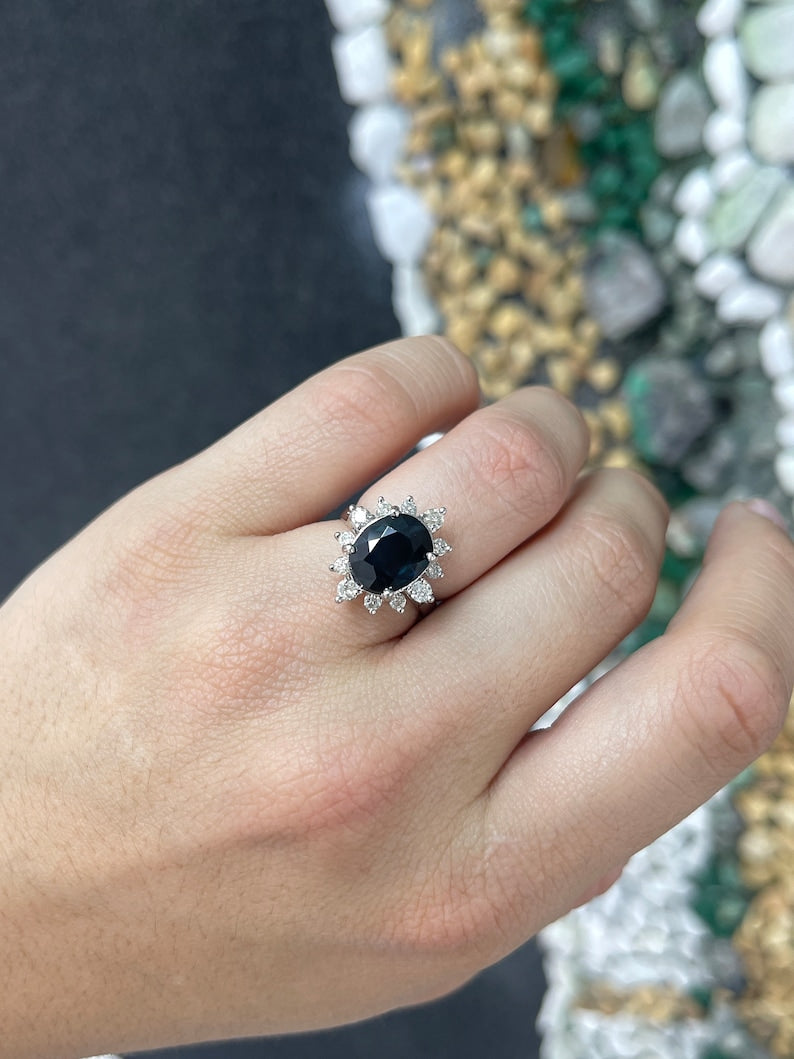 4.11tcw 18K 750 White Gold Natural Large Oval Cut Dark Blue Sapphire & Diamond Halo Ring - JR Colombian Emeralds