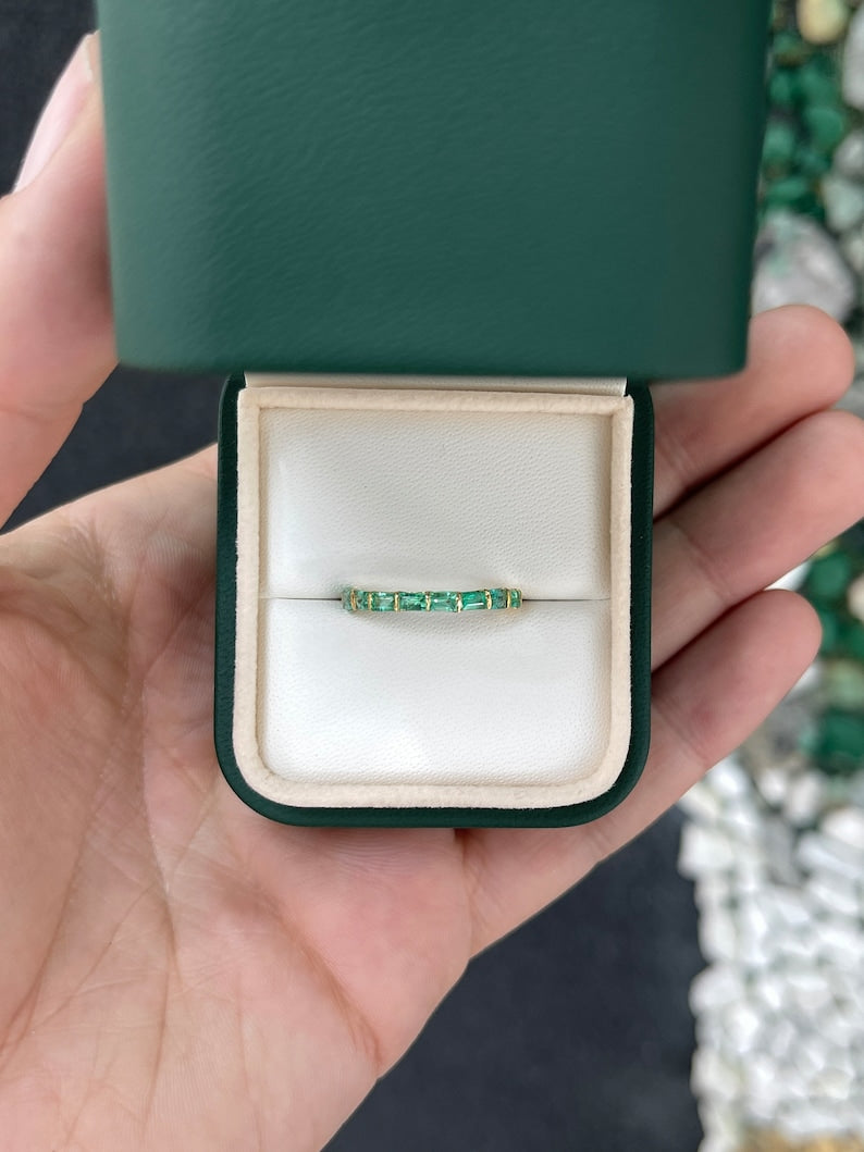 0.90tcw 14K Gold Emerald Baguette Cut Medium Spring Green Engagement Band Ring - JR Colombian Emeralds