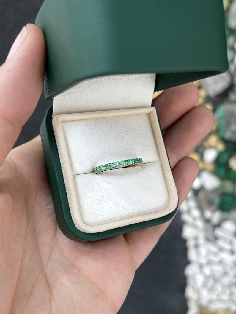 0.90tcw 14K Gold Emerald Baguette Cut Medium Spring Green Engagement Band Ring - JR Colombian Emeralds