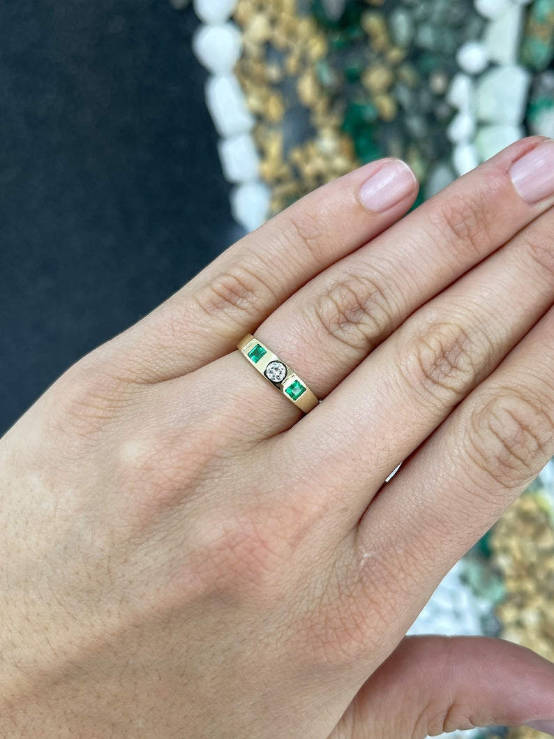 Stunning Three-Stone Diamond and Emerald Ring Set in 14K Gold, Totaling 0.60 Carats