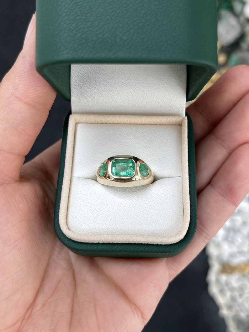 3.11tcw 14K Emerald & Oval Cut 3 Stone East 2 West Medium Green Trilogy Gold Ring