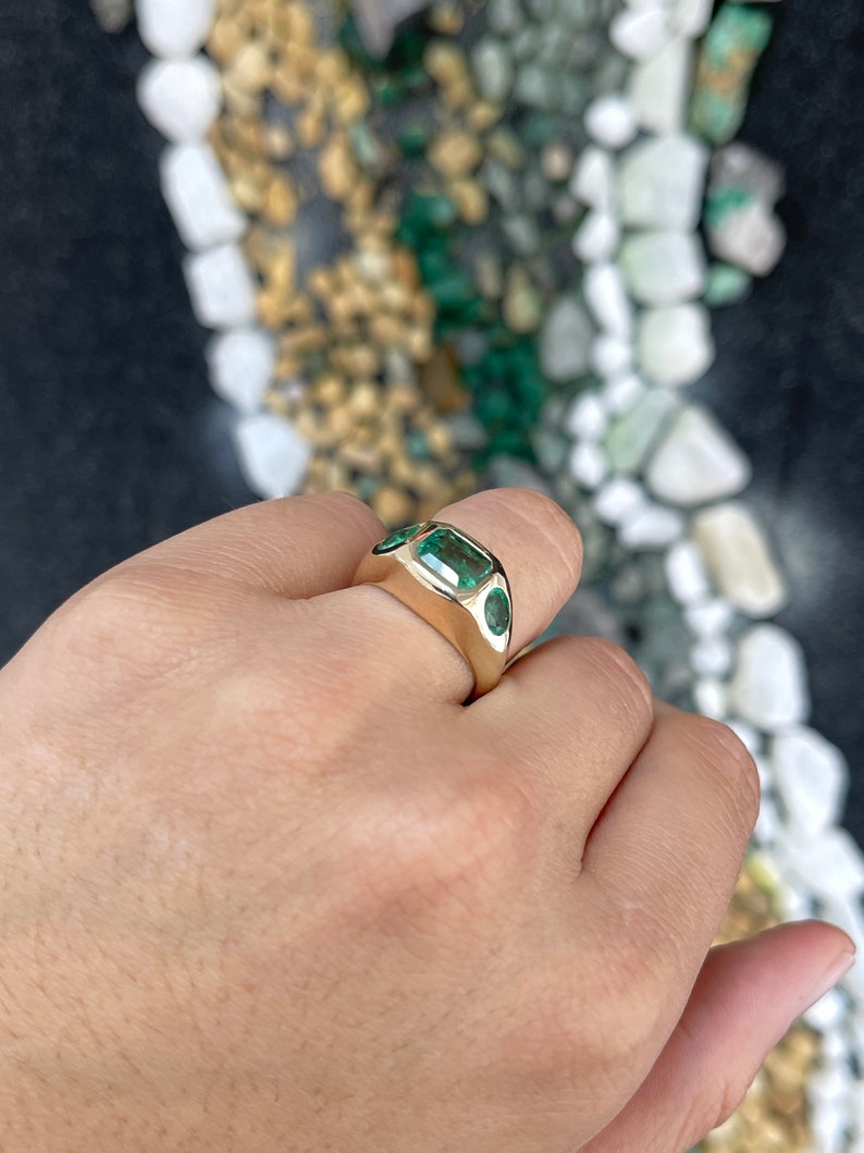 3.11tcw 14K Emerald & Oval Cut 3 Stone East 2 West Medium Green Trilogy Gold Ring