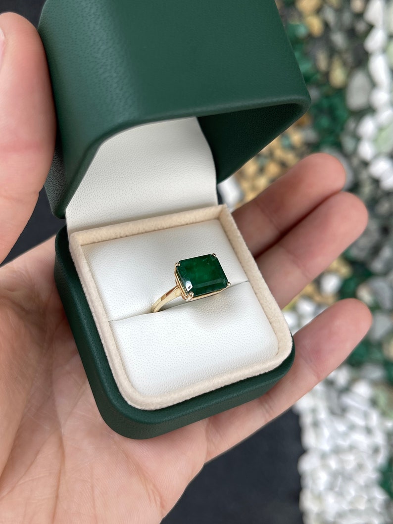 6.28ct 14K Gold Dark Green East to West Emerald Cut Solitaire Engagement Ring - JR Colombian Emeralds