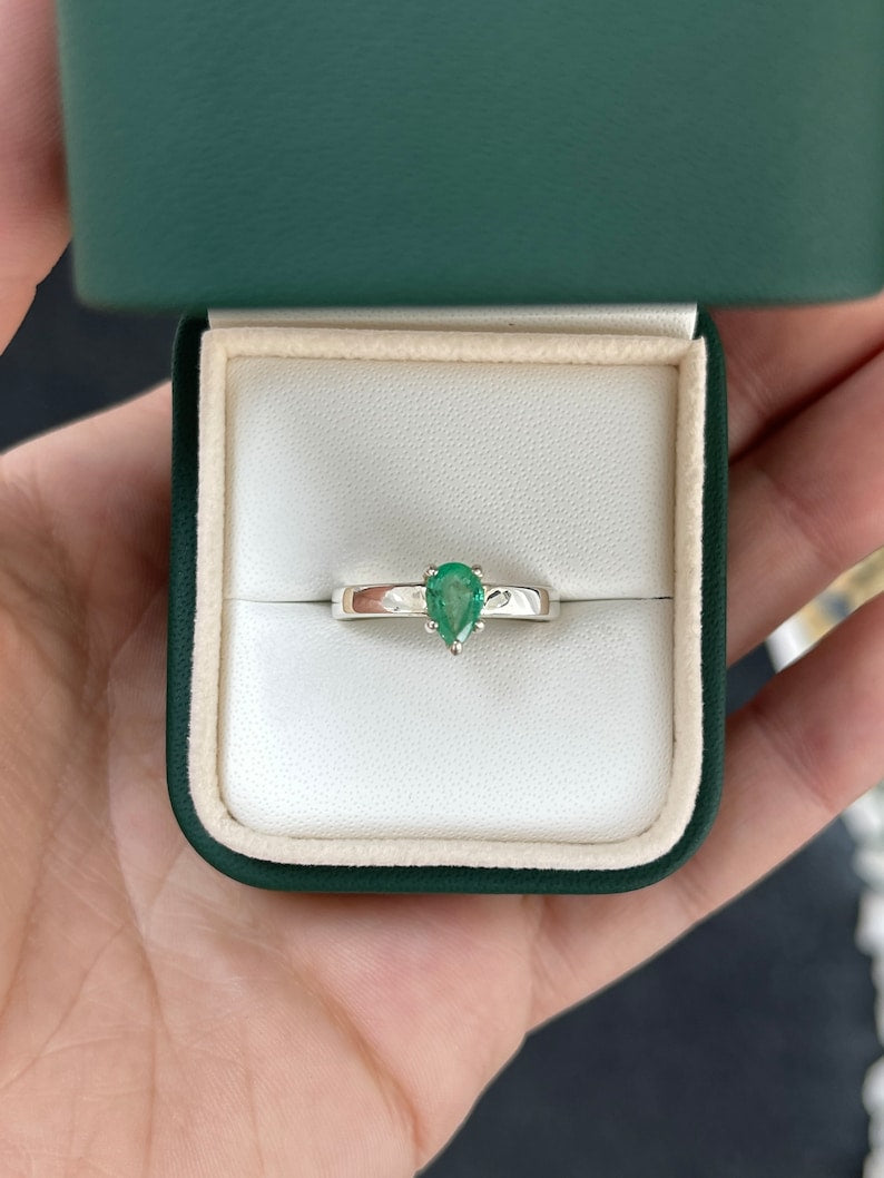 0.80ct Solitaire 925 Emerald Pear Cut 5 Prong Sterling Silver Ring - JR Colombian Emeralds