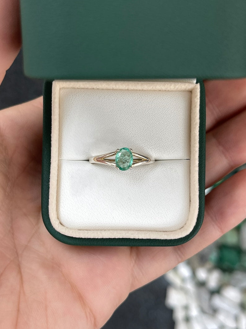 0.70ct Natural Light Spring Green Oval Cut Split Shank Emerald Sterling Silver Solitaire Ring - JR Colombian Emeralds