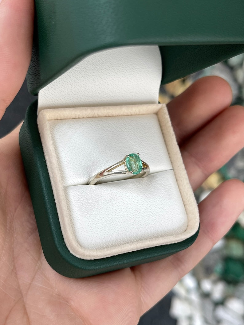 0.70ct Natural Light Spring Green Oval Cut Split Shank Emerald Sterling Silver Solitaire Ring - JR Colombian Emeralds