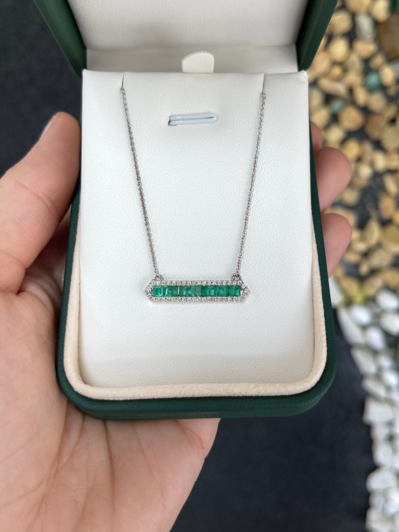 Natural Emerald Cut Necklace: 1.02tcw 14K White Gold Pendant with Diamond Halo