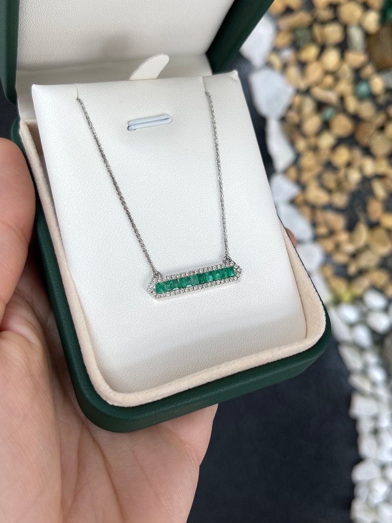 14K White Gold Bar Pendant: Lush Green Emerald Cut & Diamond Accent Necklace (1.02tcw)