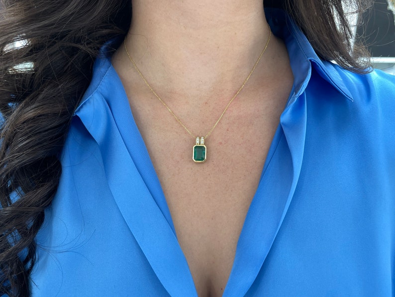 4.69tcw 18K Natural Dark Rich Green Emerald Bezel Set in Gold Split Bale with Pave Diamond Accent Pendant
