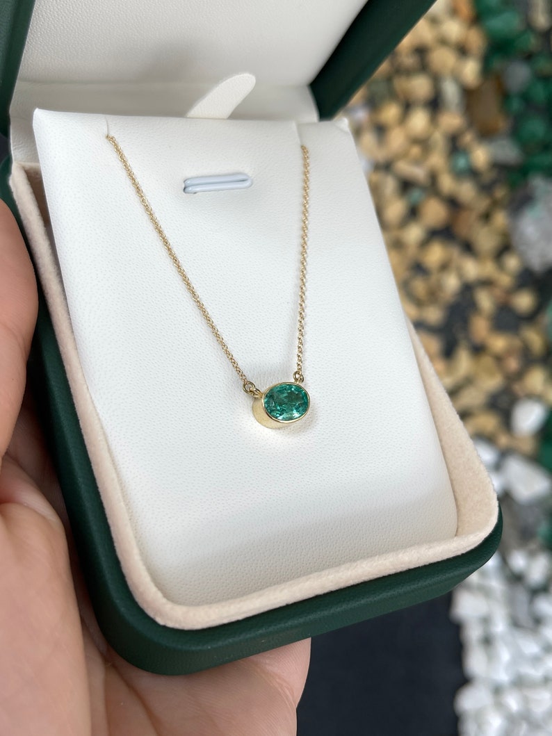 Medium Green Oval Emerald Necklace - 14K Gold Setting, 1.30 Carats