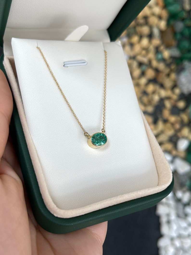 Medium Green Oval Emerald Necklace - 14K Gold Setting, 1.30 Carats