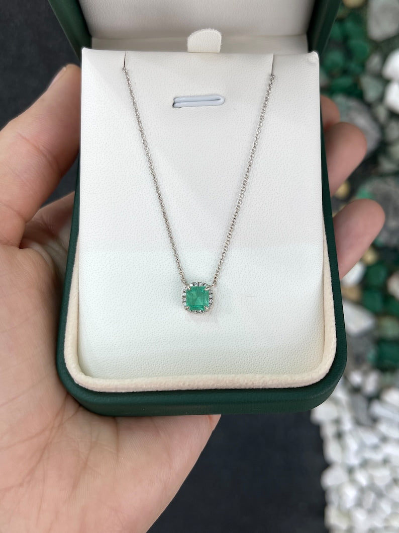 Adjustable Halo Necklace with 1.03tcw Emerald and Diamond in a Light-Medium Green Hue