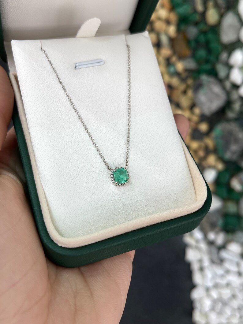 1.03tcw Emerald and Diamond Halo Necklace in Light to Medium Green, Adjustable Design