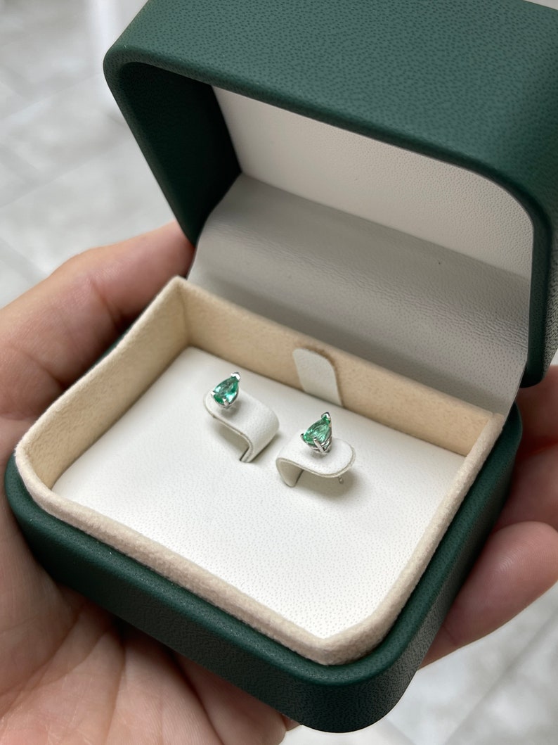 0.70tcw 14K White Gold Light Spring Green Pear Cut Emerald 3 Prong Stud Earrings - JR Colombian Emeralds