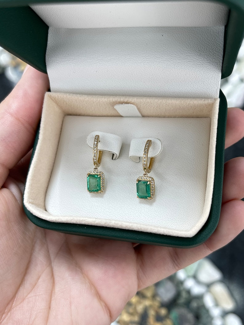 Special Price - 2.63tcw Green North South Emerald & Diamond Halo Dangle Earrings 14K (Copy) - JR Colombian Emeralds