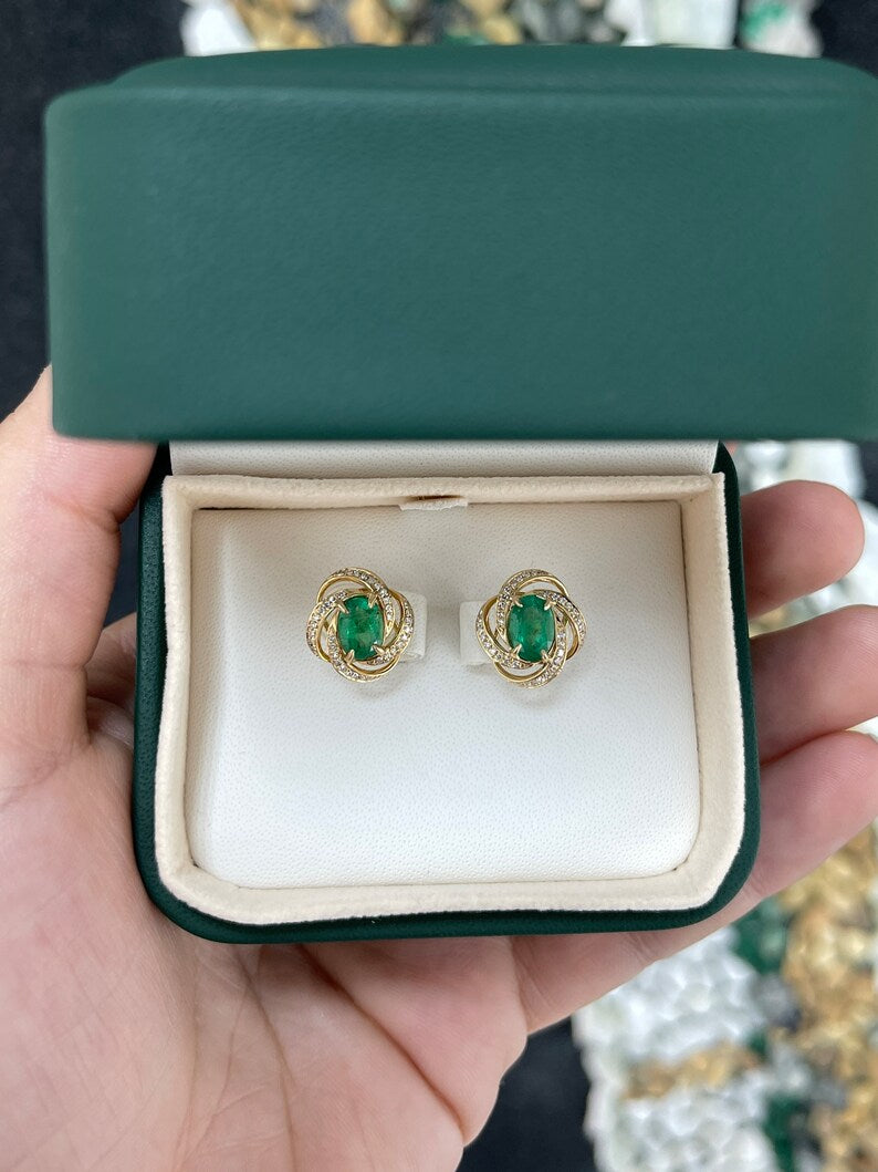 2.31tcw 14K Gold Medium Dark Green Oval Cut Emerald & Diamond Accent Whirl Halo Earrings