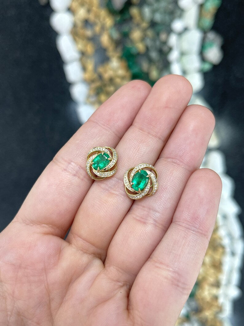 2.31tcw 14K Gold Medium Dark Green Oval Cut Emerald & Diamond Accent Whirl Halo Earrings - JR Colombian Emeralds