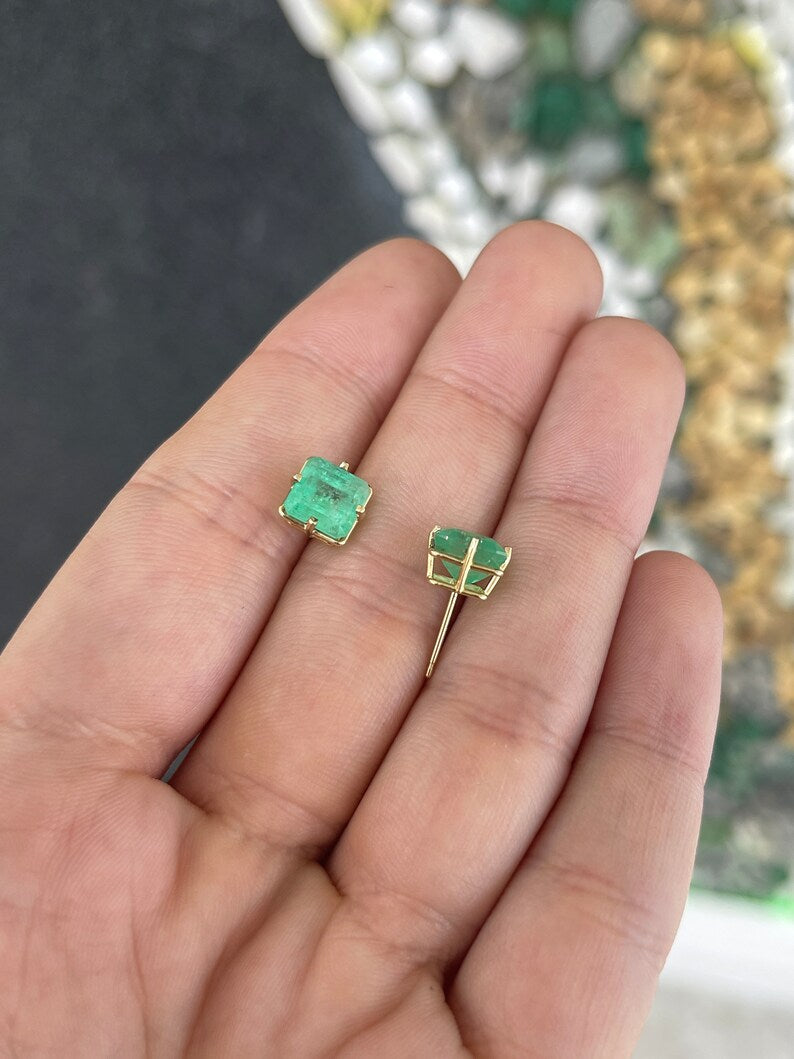 Medium Green Emerald Earrings in 14K Gold - Asscher Cut Studs (3.99tcw)