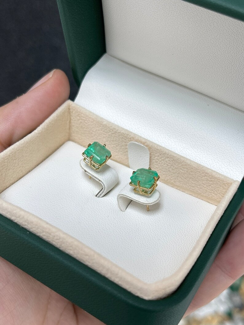 3.99tcw 14K Asscher Cut 4 Prong Medium Green Emerald Unisex Stud Earrings - JR Colombian Emeralds