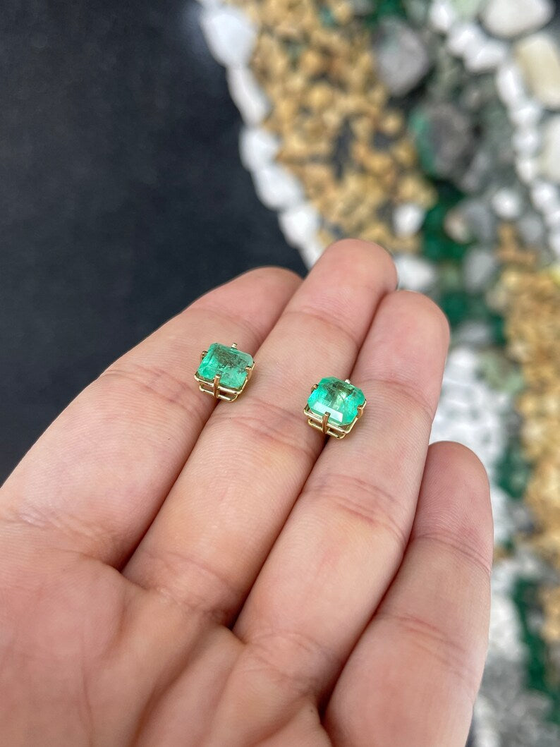 3.99tcw 14K Asscher Cut 4 Prong Medium Green Emerald Unisex Stud Earrings - JR Colombian Emeralds