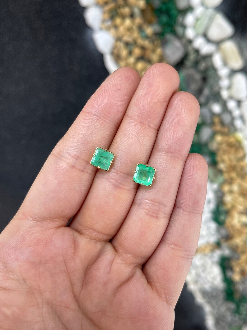 Elegant 14K Gold Stud Earrings with Medium Green Emeralds (3.99tcw)