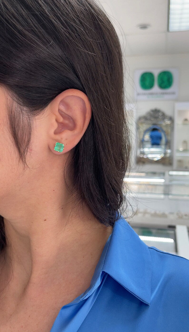 Unisex Stud Earrings Featuring 3.99tcw 14K Gold Asscher Cut Emeralds