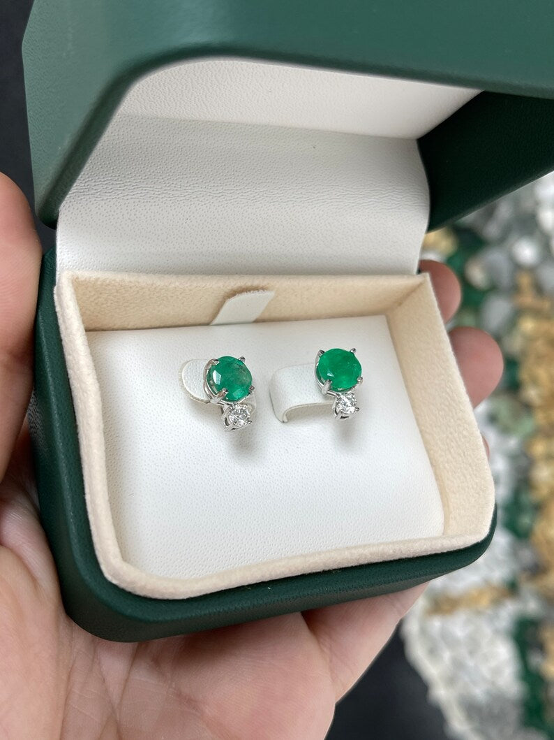 3.50tcw 14K White Gold Lustrous Rich Green Round Cut Emerald & Diamond Accent Stud Earrings - JR Colombian Emeralds